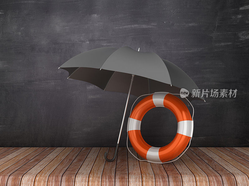 雨伞与生命带在木地板上-黑板背景- 3D渲染